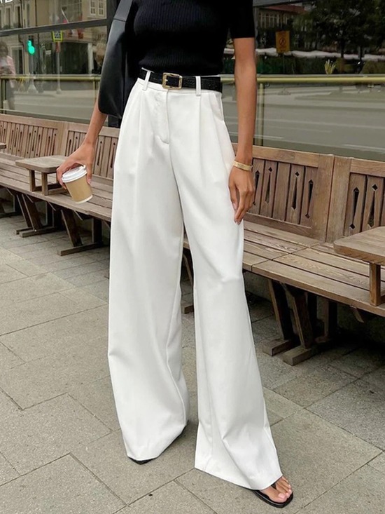Commense Pants - Wide Leg High-Waist White Pants without Belt